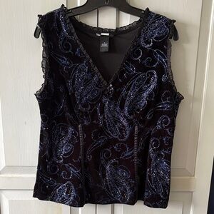 Studio 1940 Velvet Black Navy Tank Top Sparkly Ruffle Bow Detail